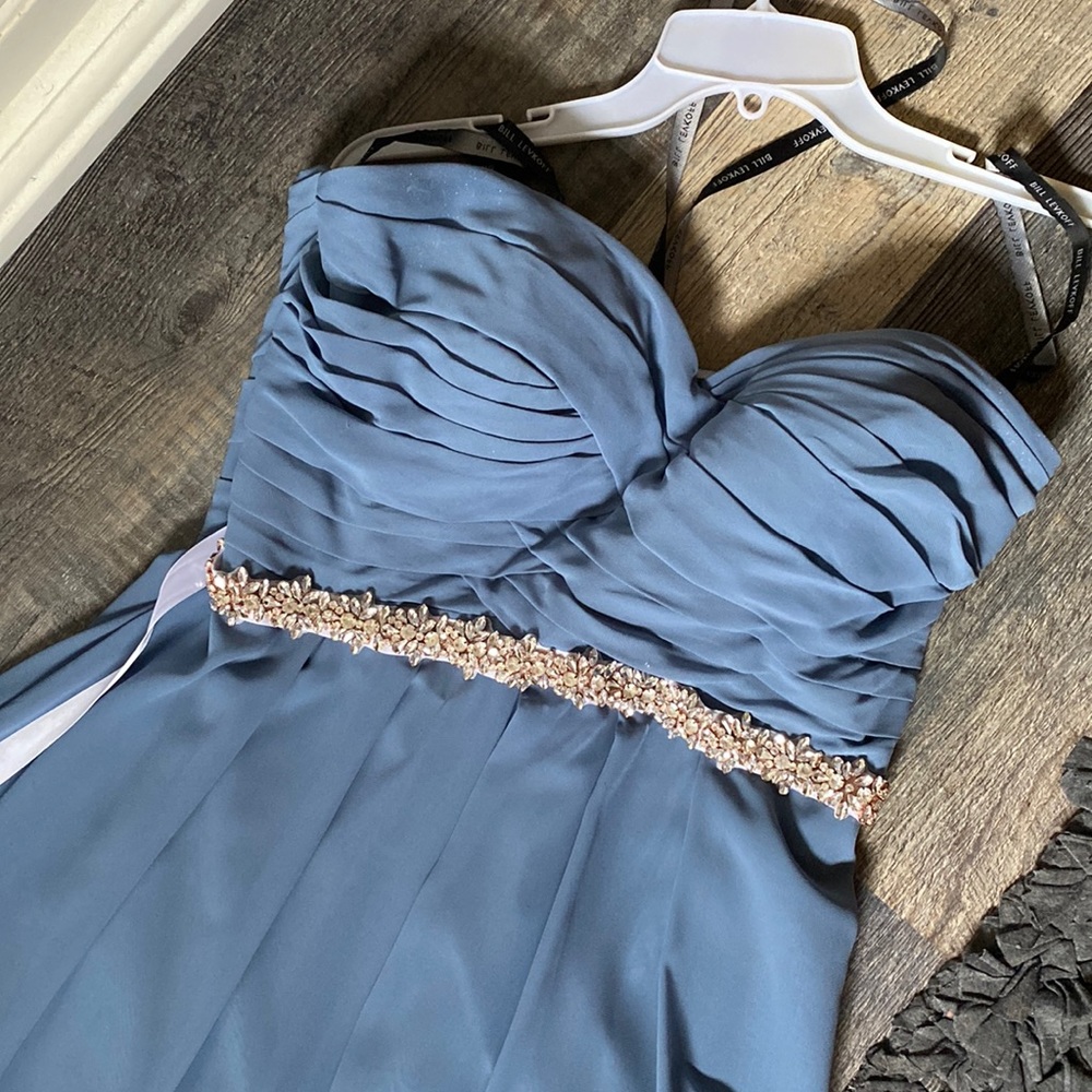 Bill Levkoff Blue bridesmaid dress with crystal belt